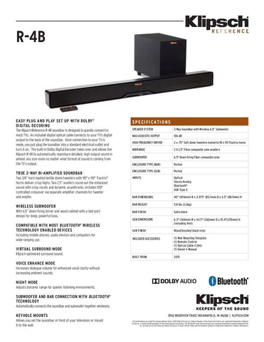 Klipsch R-4B Soundbar and wireless subwoofer W/Built-in Dolby® Digital Decoder! B-stock